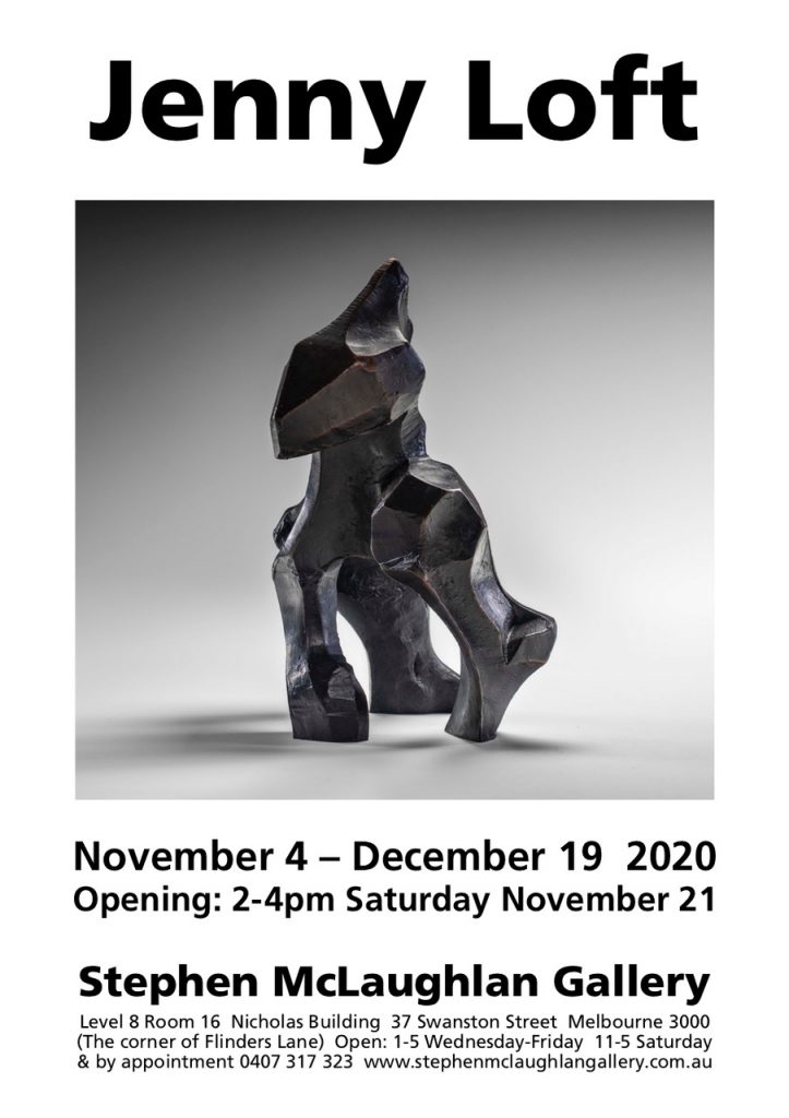Jenny Loft art exhibition flyer - features an abstract sculpture