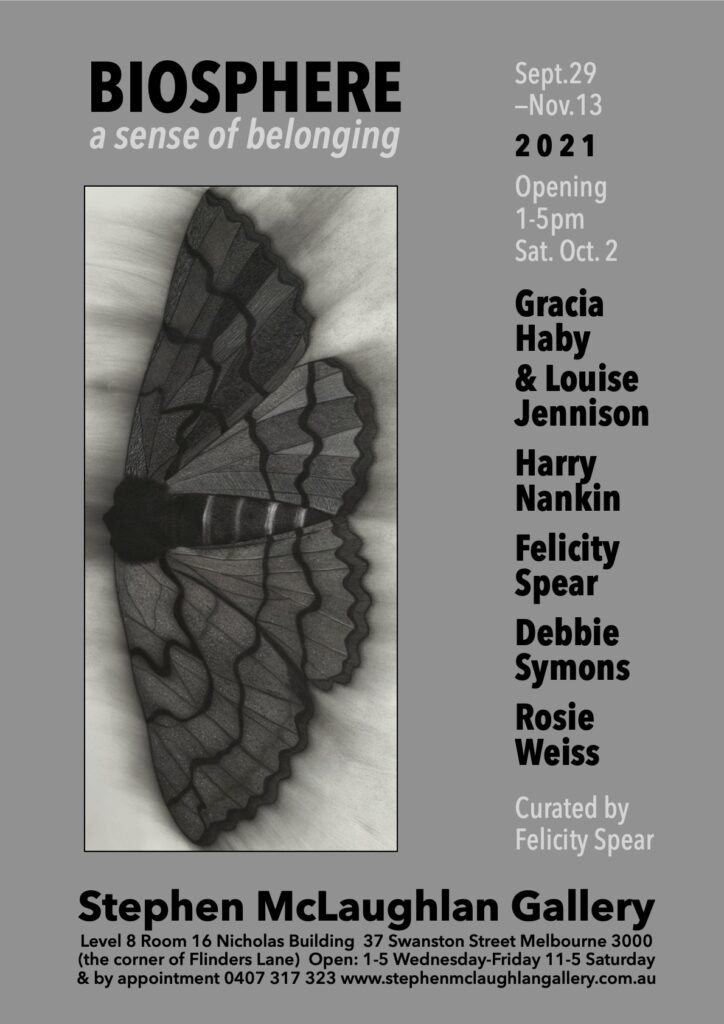 Invitation for the exhibition: Biosphere, a sense of belonging. It shows an image of a butterfly. The exhibition is curated by Felicity Spear.